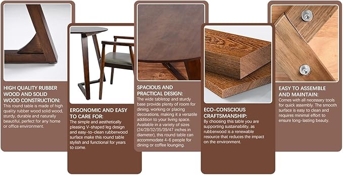 Round Rubber Solid Wood Dining Table - Mid Century Modern Style with V-Shaped Wooden Frame Base, Multi-Functional as Meeting/Coffee/Leisure Table,Space Saving Design,35”
