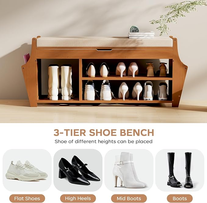 39.4in Shoe Bench with 2 Side Holder, 3 Tier Bamboo Entryway Bench with Storage, Shoe Rack Bench Organizer with Cushion for Entryway Hallway Living Room, Holds up to 330lbs