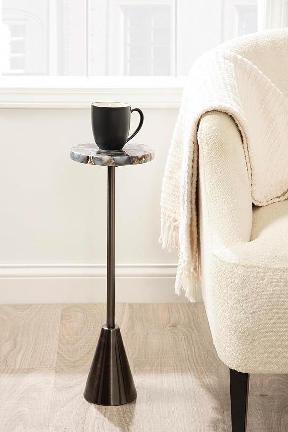 Kate and Laurel Sitara Modern Coastal Round Drink Table, 8 x 8 x 23, Blue Agate and Silver, Unique Circle Stone Mini Table for Use as Bathroom Accent Table or Pedestal Martini Tabl