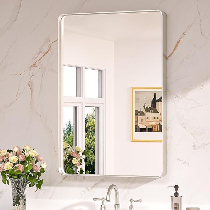 Keonjinn Brushed Nickel Mirror 24” x 36” Silver Bathroom Mirror for Over Sink, Rounded Rectangle Farmhouse Vanity Mirror with Metal Frame, HD Tempered Glass Decorative Wall Mirror(Horizontal/Vertical)