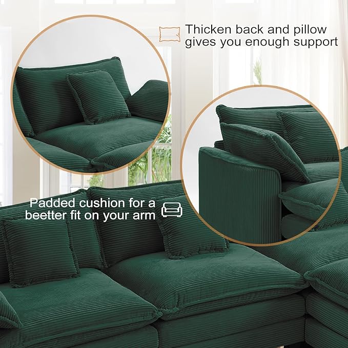 Furniliving 117‘’ L-Shaped Sofa, Luxury Corduroy Modular Sectional Couches with Ottoman, Upholstered Deep Seat Sleeper Sofa with Memory Foam and Waist Pillows, Green