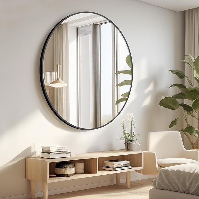 Black Round Mirror, 42 inch Large Circle Mirror, Aluminum Alloy Metal Frame Round Bathroom Mirror, Big Round Wall Mirror, Circle Mirrors for Wall Entryway Bedroom Living Room