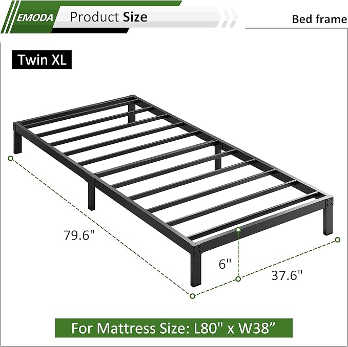 EMODA 6 Inch Twin XL Bed Frames No Box Spring Needed, Heavy Duty XL Twin Metal Platform Bed Frame, Noise Free, Easy Assembly, Black