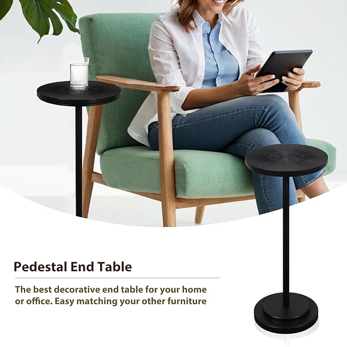 Drink Table Set of 2, Small Round Pedestal Side Table with Carved Top for Living Room, Bedroom, Small Space, Corners and Office, Black