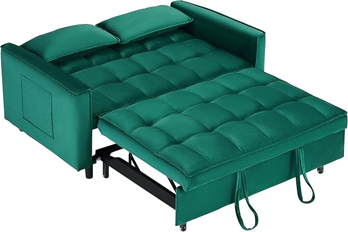 Ball & Cast Convertible Sofa Bed,Pull Out Loveseat Sleeper Sofa,Convertible Pull Out Couch W/ 2 Pillows,Adjustable Backrest & Side Pocket,Corduroy Futon Couches for Living Room,Apartment,Green,55"
