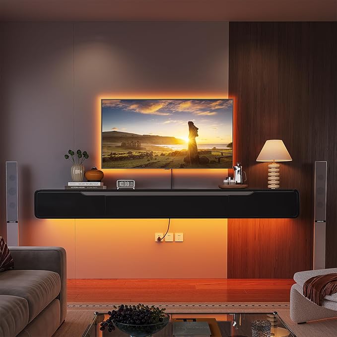 Fully-Assembled Floating TV Stand with Drawers, 94IN High Gloss Wall Mounted Entertainment Center, Modern Media Console with Storage, Under TV Shelf for Bedroom Living Room Black