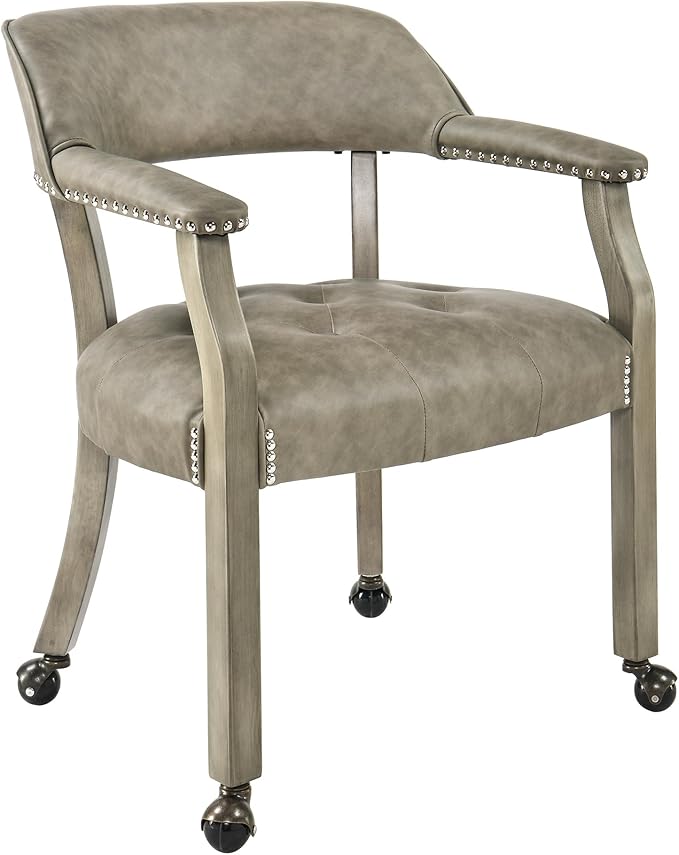 LEEMTORIG Large Dining Chairs with Casters and Arms, Rolling Dining Chairs with Wheels, Solid Wood Boss Caption's Chairs Office Desk Chairs, 26" D x25.2 W x 31.5" H, Soft Light Grey PU SY-1318-UA