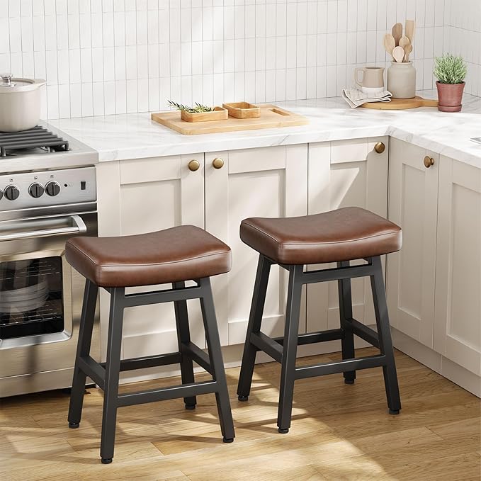 Counter Height Bar Stools Set of 2, 24 Inch Barstools for Kitchen Counter, Kitchen Stools with Bonded Leather Saddle Seats & Heavy Duty Metal Legs, Easy Assembly, Gray/Black