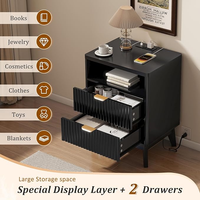Fluted Nightstand Set of 2 with Charging Station, 19.7 inch Wide End Table with 2 Drawers, Modern Wood Bedside Table for Bedroom, Black