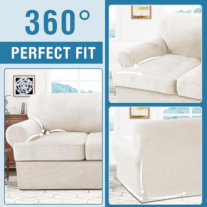 H.VERSAILTEX Sofa Cover 4 Piece T Cushion Sofa Slipcovers Thick Velvet Couch Cover Stretch T Cushion Sofa Covers for 3 Cushion Couch with 3 Individual T Cushion Covers, Porcelain
