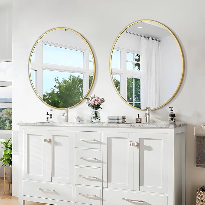 Gold Round Mirror 30 Inch Circle Mirror Bathroom Mirror Large Round Mirrors Brushed Metal Frame Anti-Rust Tempered Glass for Bathroom Bedroom Entryway Living Room