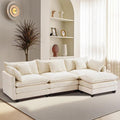 Furniliving 112‘’ L-Shaped Sofa, Luxury Chenille Modular Sectional Couches with Ottoman, Upholstered Deep Seat Sleeper Sofa with Memory Foam and Waist Pillows, Beige