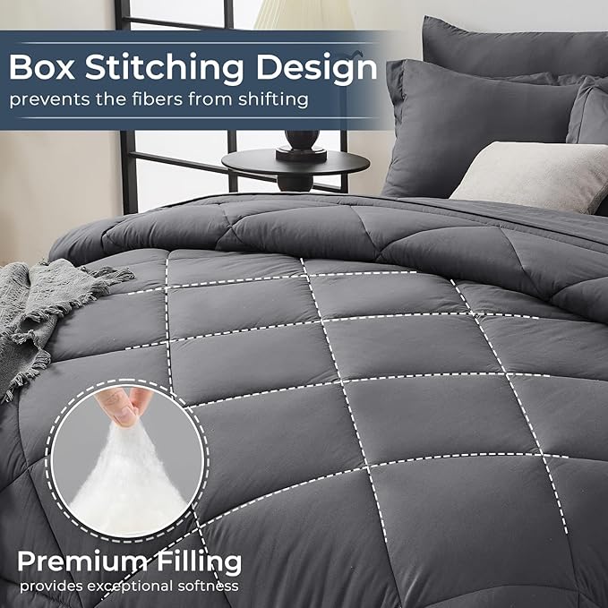HEVUMYI 120x98 Oversized King Comforter Set Dark Grey- 7-Piece All Season Bed in a Bag Oversized King, Soft Bedding Set with Comforter, Flat Sheet, Deep Pocket Fitted Sheet, Pillowcases, Pillow Shams