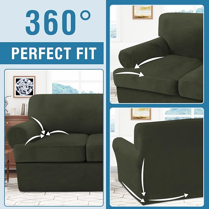 H.VERSAILTEX Sofa Cover 3 Piece T Cushion Sofa Slipcovers Thick Velvet Couch Cover Stretch T Cushion Sofa Covers for 2 Cushion Couch with 2 Individual T Cushion Covers, Olive