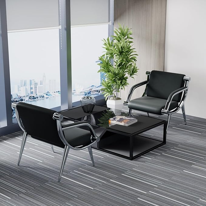 wonline Waiting Room Chair with Armrest Black PU Leather Office Furniture, Office Guest Seating Lobby Conference Reception Chairs for Airport Clinic Hospital Bank Salon Barber(Black)