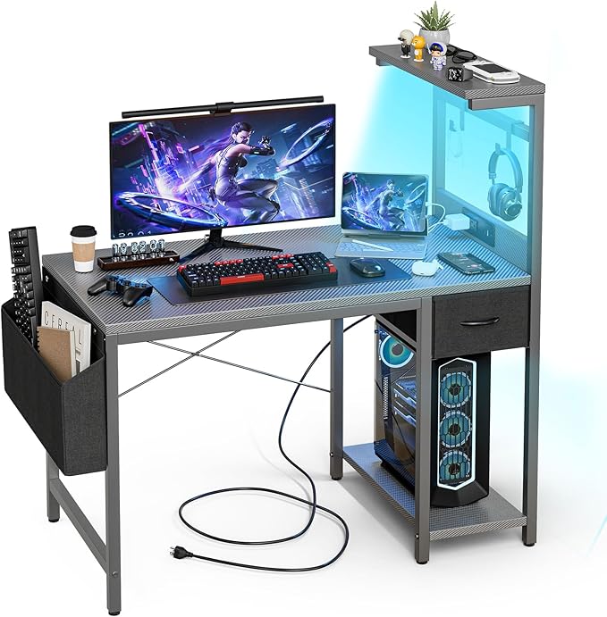 Gaming Desk 47 Inch with Power Outlet and LED Light, Computer Desk with Reversible Shelves and Storage Drawer, Pc Small Desk for Home Office Table with Bag, Carbon Fiber Grey