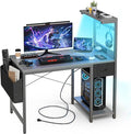Gaming Desk 40 Inch with Power Outlet and LED Light, Computer Desk with Reversible Shelves and Storage Drawer, Pc Workstation for Home Office with Bag, Carbon Fiber Grey