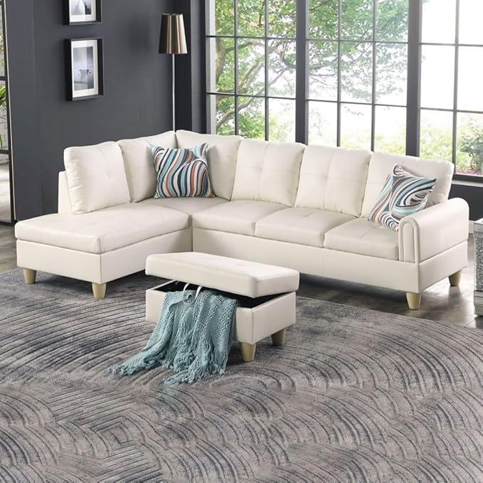 Pearl White L-Shaped 3-Piece Faux Leather Sofa with Storage Ottoman Set, Sectional Couch Sofa Set for Living Room, Office, Small Space