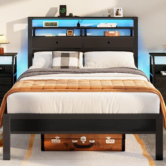 Furnulem Full Size Bed Frame with Headboard & 2 Fabric Drawers, Full Platform Bed Featuring LED Lights, Built-in Charging Station & Storage Shelves, Metal Slats, No Box Spring Needed – Black Oak