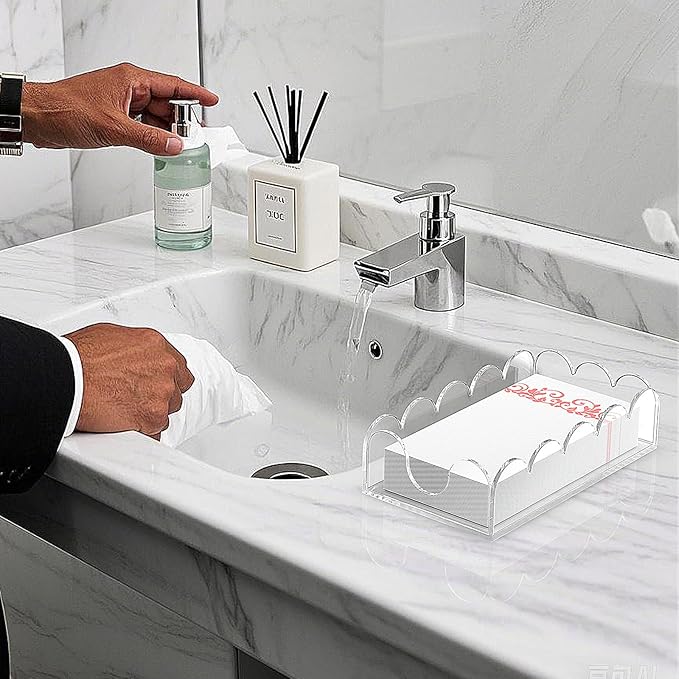 LUGUNU Clear Acrylic Napkin Holder – Scalloped Tray for Bathroom, Kitchen, Dining Room – Stylish Guest Hand Towel & Disposable Paper Holder for Weddings, Hotels, and Home Decor (9x5.1x2.4 inch)