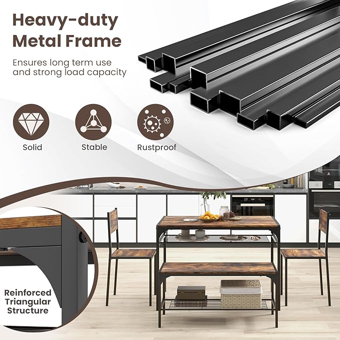 Tangkula Dining Table Set for 4, Kitchen Table and 2 Chairs for 4 with Bench, Additonal Storage Rack, 4 Piece Dining Table Set for Small Space, Apartment