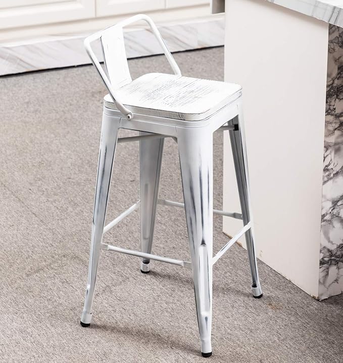 Yongchuang 30 inch Bar Stools Set of 4 Bar Height Metal Barstools with Wood Seat Distressed White Low Back Kitchen Bar Chairs