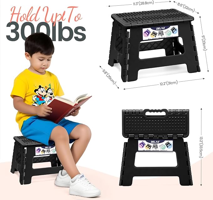 Delxo Folding Step Stool 9 Inch Non-Slip Foldable Stools Up to 300 LBS Kitchen Collapsible Fold Up Stepping Stool with Dotted 1 Pack Black