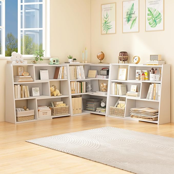 IOTXY Wooden Extendable Shelf Bookcase - 3-Tier Ladder Low Short Bookshelf for Small Space or Corner, Dark Walnut, L