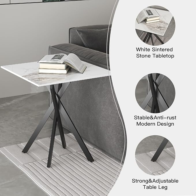 White Marble Side Coffee Table Set of 2 with Metal Legs, Sintered Stone Square Modern Small End Table for Living Room Sofa Table Home Bed Office (2 Pieces, 20"×20"×22")