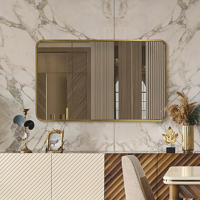 ANDY STAR Brushed Gold Bathroom Mirror 48”X30”, Brass Bathroom Vanity Mirror Rounded Rectangle, SUS304-Anti-Rust Metal Frame Mirror, Wall Mounted Horizontal/Vertical 1’’ Deep