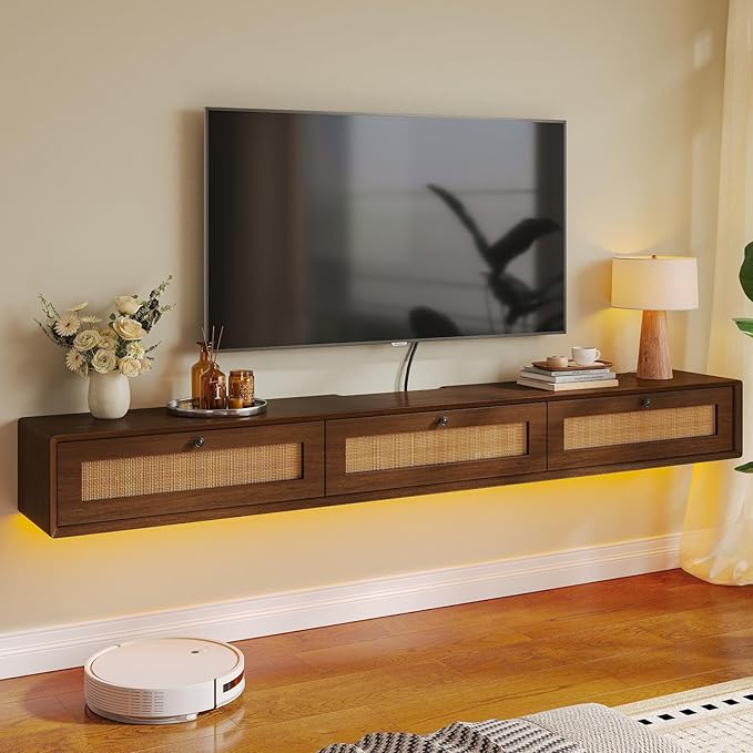 Fully-Assembled Floating TV Stand with 3 Rattan Doors, Rustic Floating Entertainment Center Under TV Shelf, Modern Large Storage Wall Mounted Media Console for Living Room Bedroom 47IN