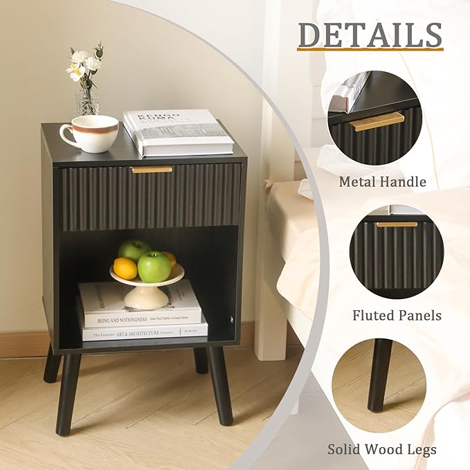 Fluted Black Nightstand with Charging Station, Mid Century Modern Bedside Table with Drawers and Outlet,Side Tables Living Room, Wooden Night Stand for Bedroom, Office (Black)