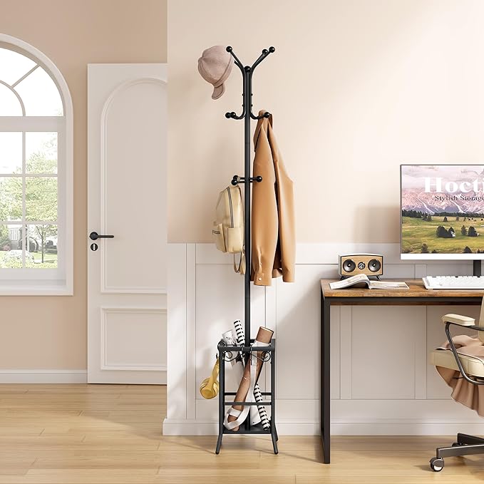 Hoctieon Coat Rack Freestanding, Coat Tree with Umbrella Holder, Metal Coat Rack Stand with 12 Hooks, Standing Coat Hanger Stand, Umbrella Stand for Entryway, Hat Rack Stand for Home Office, Black