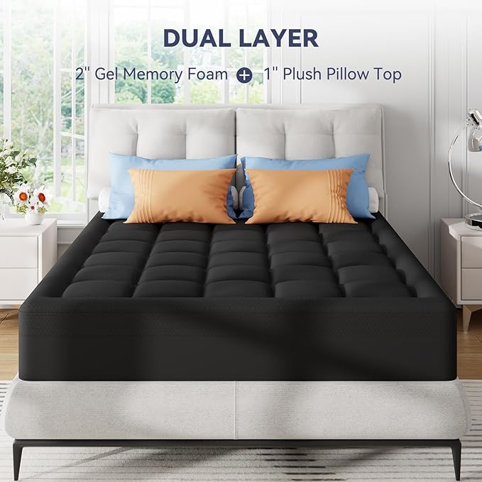 3 Inch Dual Layer Memory Foam Mattress Topper Cal King, 2 Inch Cooling Gel Memory Foam Pad Plus 1 Inch Down Alternative Pillowtop Mattress Pad with Cooling Cover, Soft Comfort Support, Black