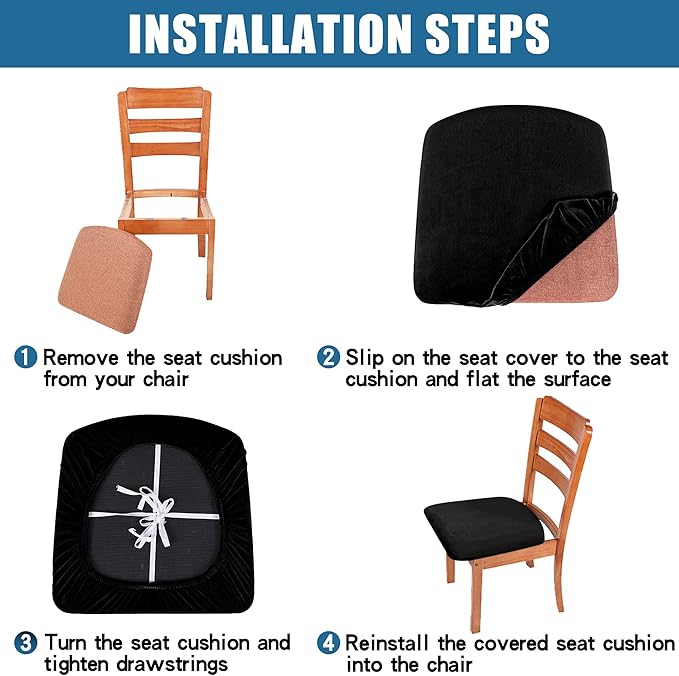 Smiry Velvet Seat Covers for Dining Room Chair Set of 6, Stretch Fit Removable Washable Chair Seat Cushion Protector Slipcovers with Ties, Camel