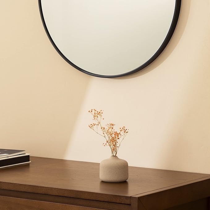 Navaris Round Mirror - 60 cm (24 inches) - Large Circle Wall Mirror for Bathroom Bed Room or Living Room - Sleek Aluminum Backed Frame - Black