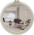 Vintage Round Wall Mirror 23.6inch Farmhouse Wooden Vanity Mirror for Wall Decor, Decorative Antique White Bathroom Mirrors, Traditional Art Home Bow Decor for Dressing Table, Living Room or Bedroom