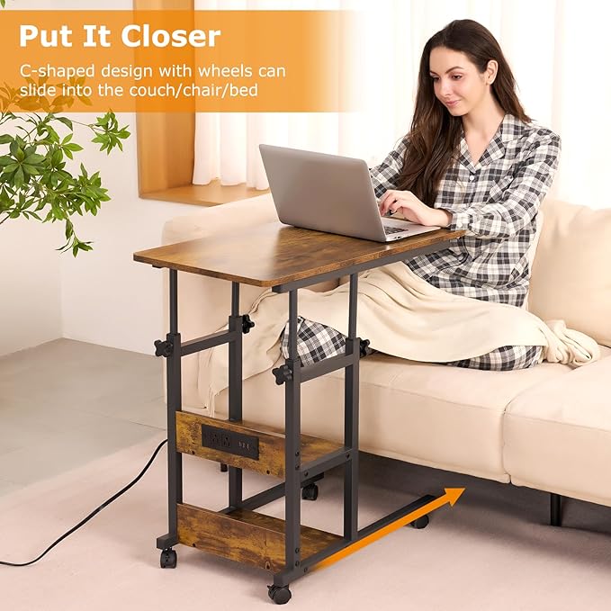 C Shaped End Table Height Adjustable - Couch Side Table with Charging Station, TV Tray with Wheels Slide Under Sofa for Small Spaces, Living Room Bedroom, Rustic Brown