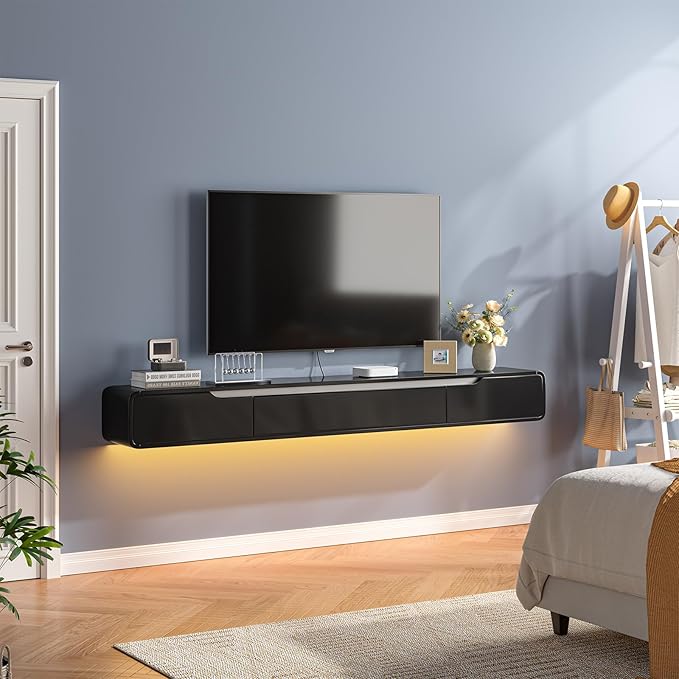 Fully-Assembled Floating TV Stand with Drawers, 55IN High Gloss Wall Mounted Entertainment Center, Modern Media Console with Storage, Under TV Shelf for Bedroom Living Room Black