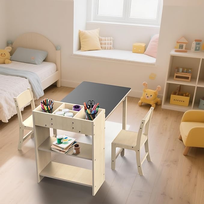 Kids Art Table and Chair Set, Sturdy Beech Wood Study Desk for Children’s Drawing, Learning & Play - Multi-Functional Activity Table for Home,Toddler Desk with Storage and 1 Chair