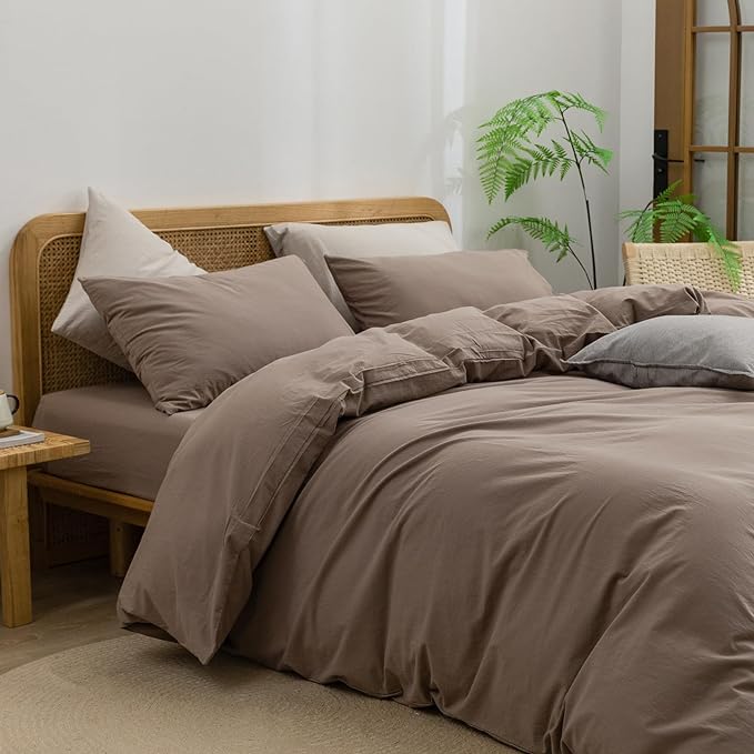 BESTOUCH Duvet Cover Set 100% Washed Cotton Linen Feel Super Soft Comfortable Chic Lightweight 3 PCs Home Bedding Set Solid Pine Bark Brown Super Queen
