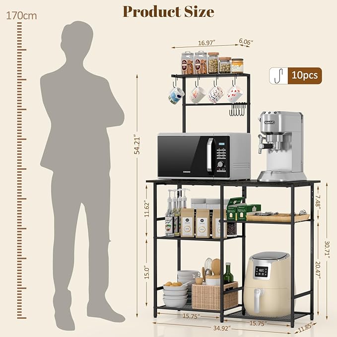 Baker's Rack for Kitchen with Storage, Microwave Stand with Adjustable Shelves, Kitchen Stand with 10 S Hooks, 6-Tier Coffee Bar Station, Kitchen Shelves for Spices, Pots, Gray