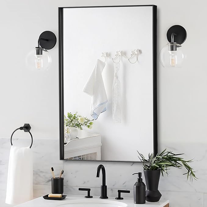 24x40 Inch Black Bathroom Mirror for Wall, Aluminum Frame Rectangle Rectangular Vanity Mirror, Modern Large for Bedroom, Living Room, Horizontal or Vertical