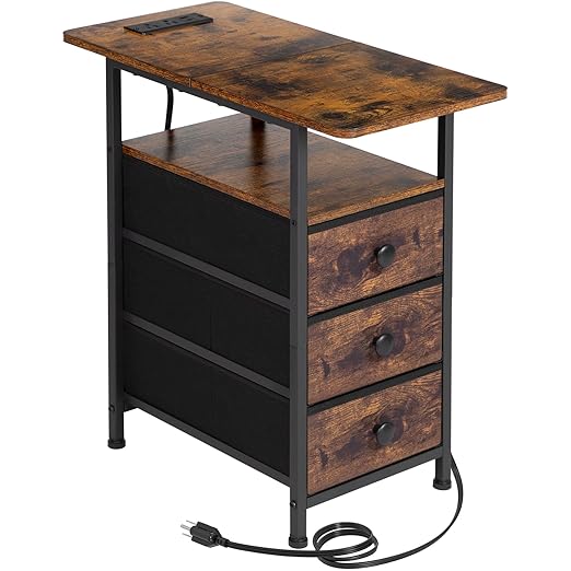 AMHANCIBLE End Tables Living Room with Charging Station, Narrow Side Table with USB Ports and Outlets, Slim Nightstand with 3 Fabric Drawers for Bedroom, Small Space, Rustic Brown, HETN013BR-1