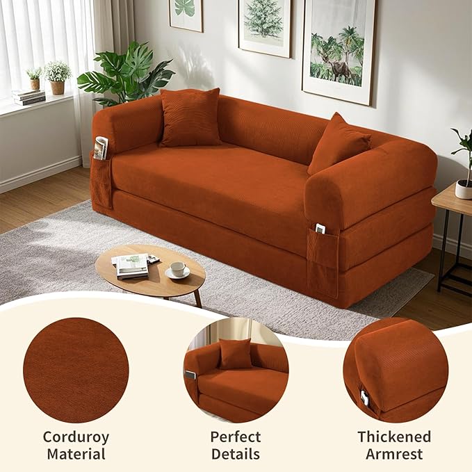 80" Convertible Sofa Bed, Corduroy Deep Seat Folding Pull Out Couch with Pillows, No Assembly Modern Boneless Couch Compression Sofa in Box, Floor Sofa with Storage Pocket for Living Room, Orange