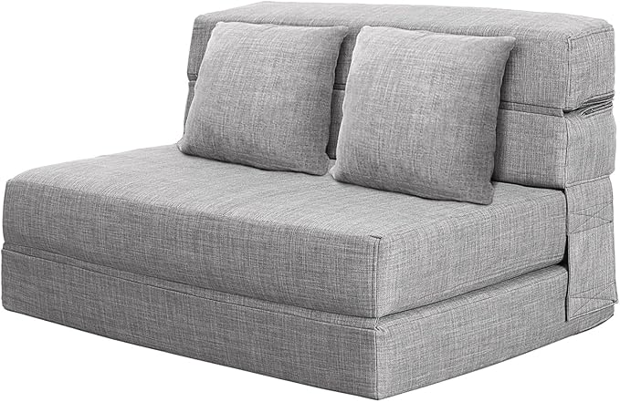 ANONER 60" Folding Sleeper Chair Sofa Bed Lazy Couch with 2 Pillows, Queen Size Memory Foam Washable Cover, Light Gray