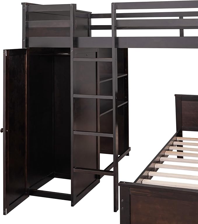Full Size Loft Bed with Wardrobe Desk and Shelves,Solid Wood Bunk Stand-Alone Platform Bedframe,w/Safety Guardrail,for Kids Teens Adults Bedroom,Espresso