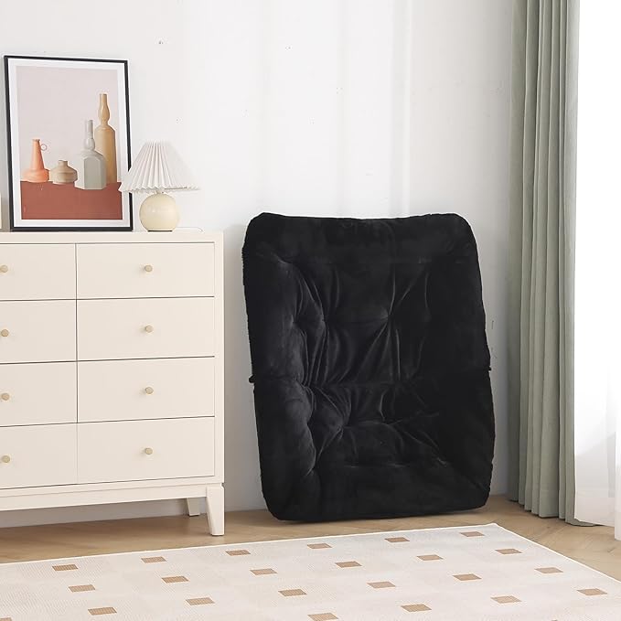 Oversized Folding Faux Fur Chair with Ottoman, X-Large Soft Saucer Chair, Foldable Metal Frame for Bedroom, Living Room, Balcony (Black)