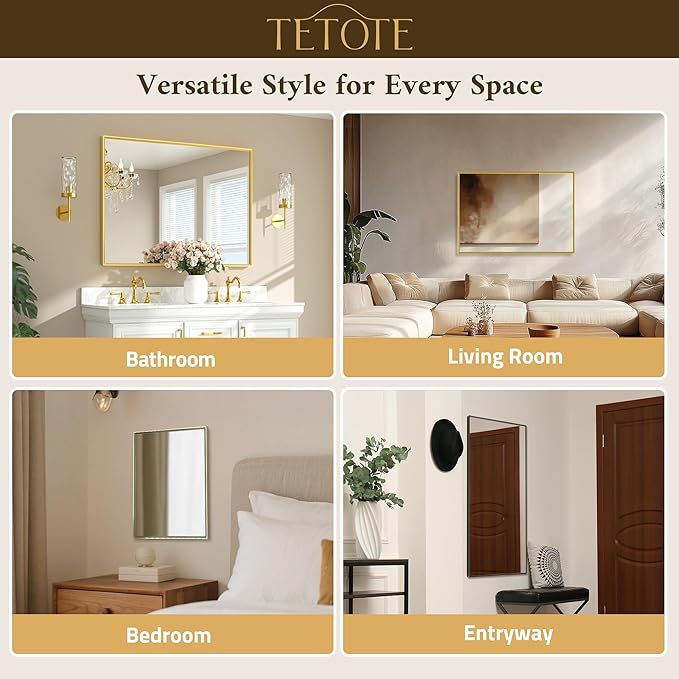 TETOTE Brushed Gold Bathroom Mirror for Over Sink 55" x 30" Large Brass Gold Beveled Framed Rectangular Vanity Mirror for Bathroom, Bedroom, Entryway, Living Room, Tempered Glass, Stronger Frame
