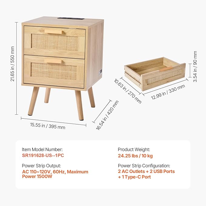 VEVOR Rattan Nightstand, Boho Bedside Table with 2 Drawers, End Table Nightstand with Solid Wood Legs, Rattan Bedside Table with Charging Station, for Bedroom